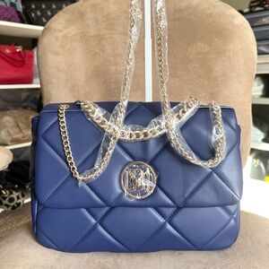 Bagdley Mischka Elegant Navy Quilted Chain Strap Shoulder Bag, New with Tag